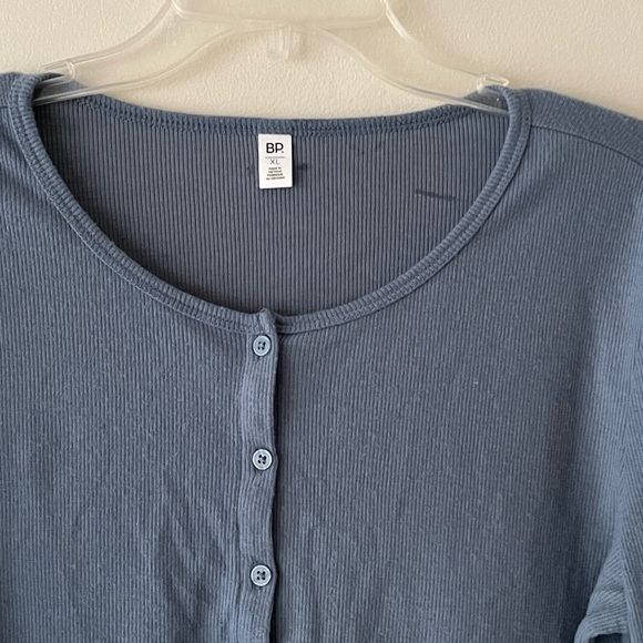 BP Crop Top Rib Knit Crewneck Long Sleeve Button Up  Front Color Blue Sz XL NWT - Picture 2 of 8